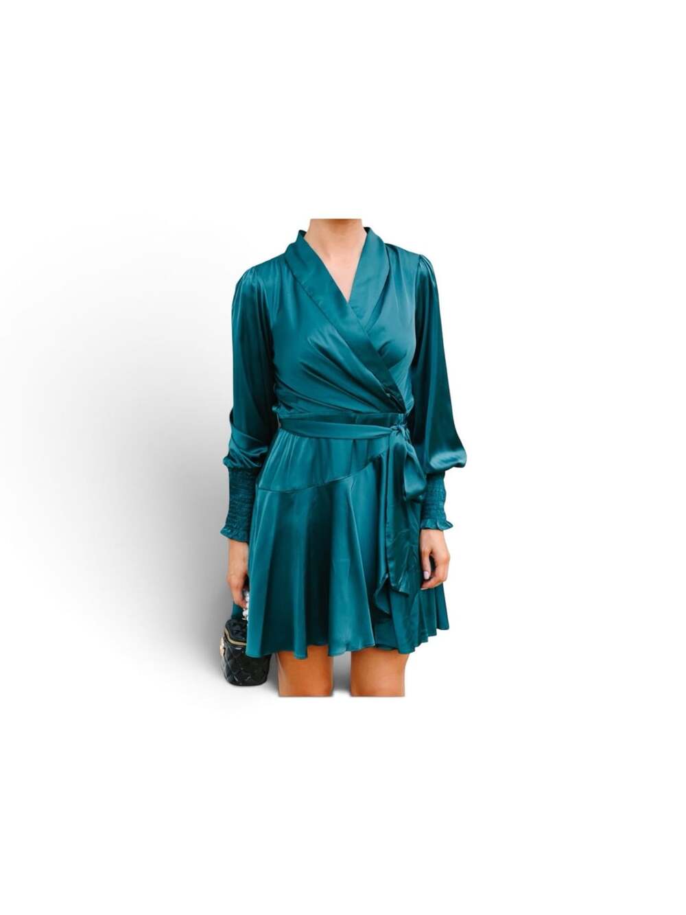 Fate Teal Green Satin Wrap Dress with Long Bishop Sleeves and Waist Tie